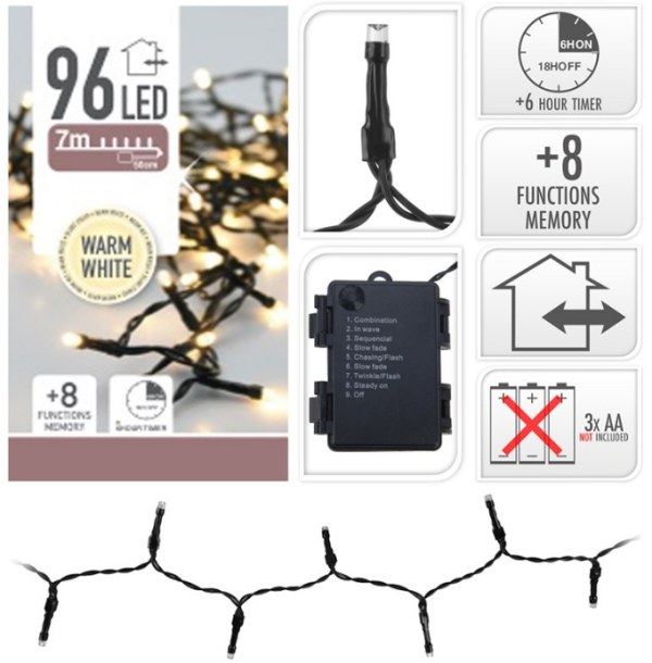 Batteri lyskæde med 96 varmhvide LED