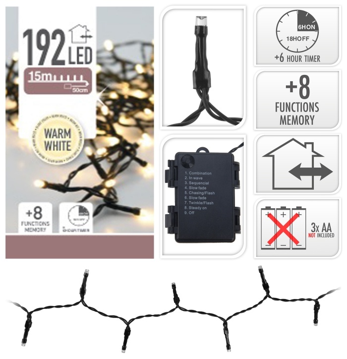 Batteri lyskæde med 192 varmhvide LED