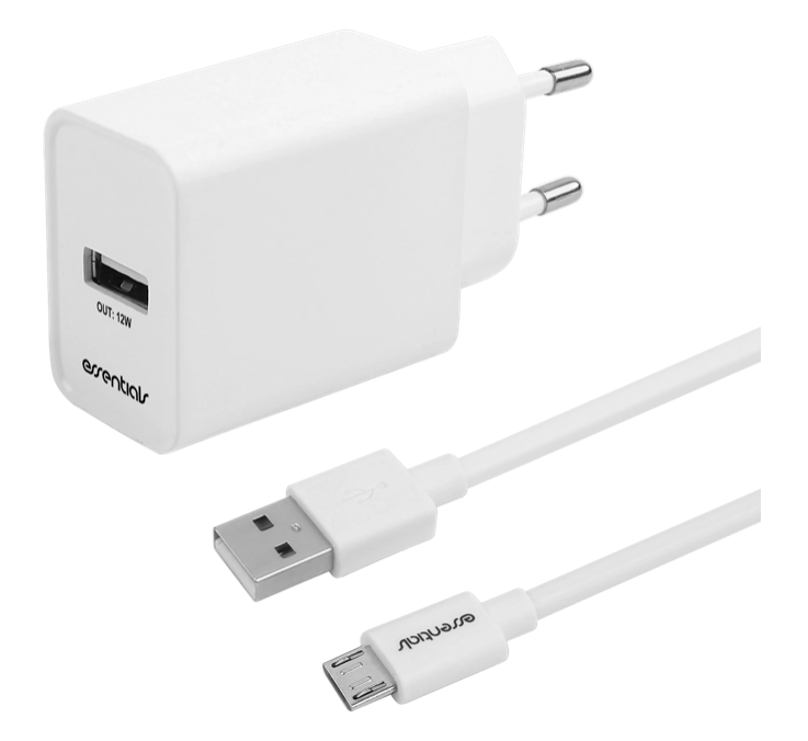 Essentials USB-A vægoplader 12W, inklusiv micro USB kabel